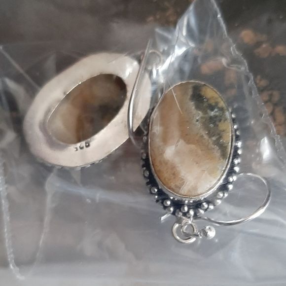 Sterling Silver 925 genuine bumblebee jasper oval stone drop boho earrings new - Picture 2 of 3